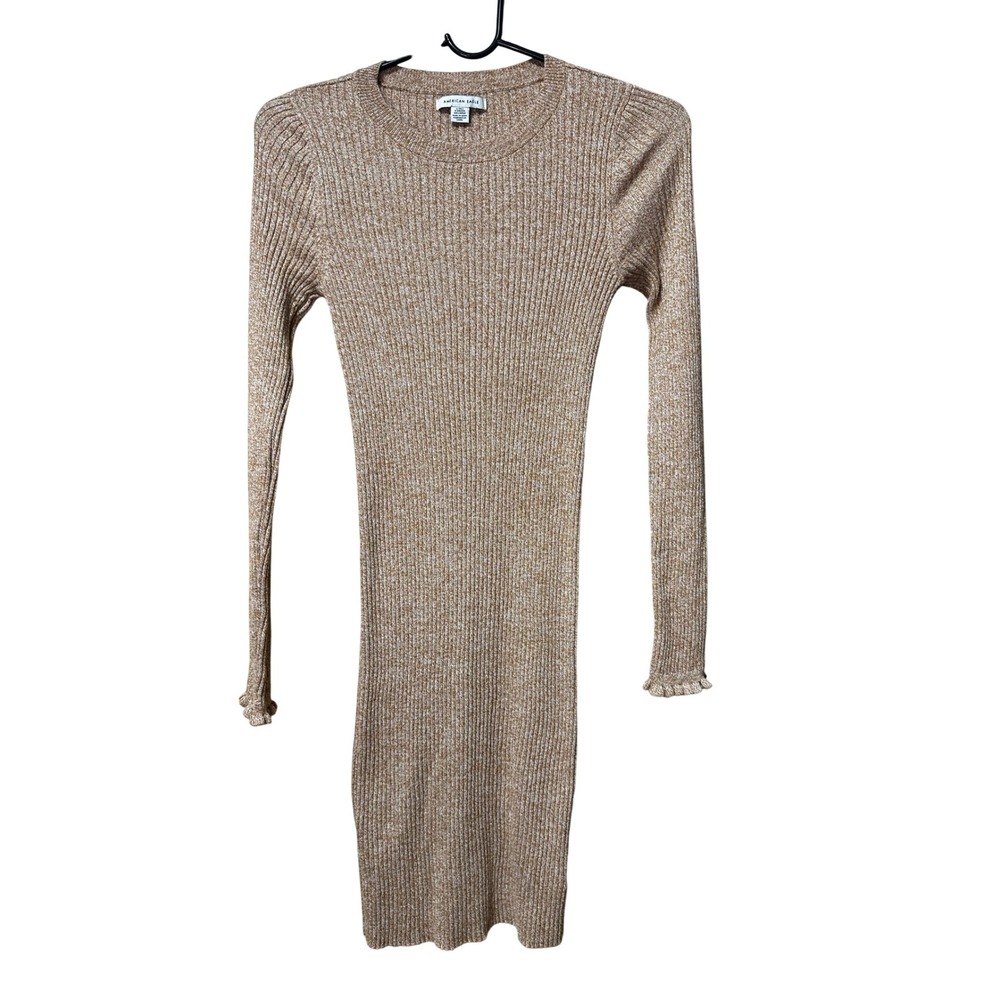 American Eagle Ribbed Sweater Dress S Tall Beige Marl Long Sleeve Mini Bodycon - Picture 2 of 7